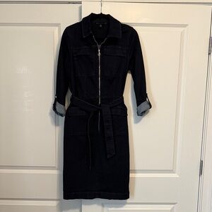 White House Black Market Zip-Front Dark Denim Shirt Dress with Belt